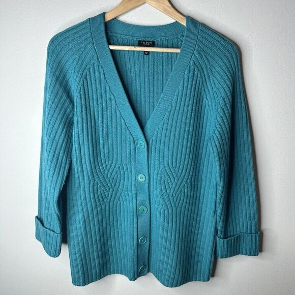 Talbots Sweater Womens Medium Blue Pure Merino Wool Cardigan Cable Knit Classic - Picture 1 of 9
